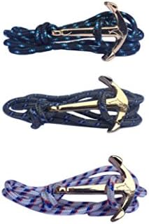 ALMAVIVA Gold Color Anchor Bracelet with Colorful Nylon Ropes (Black, Grey, White)