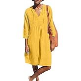 Lafural Womens V Neck Cotton Casual Loose Shift Tunic Smock Summer Dresses Vacation Dress 3/4 Sleeve Pocket
