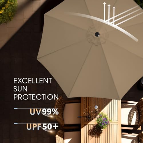 wikiwiki 9FT Patio Umbrella with Base, Outdoor Umbrellas with Base Included, 8 Sturdy Ribs, Waterproof Fade Resistant POLYESTER DTY Canopy for Deck, Lawn, Garden, Backyard & Pool, Tan