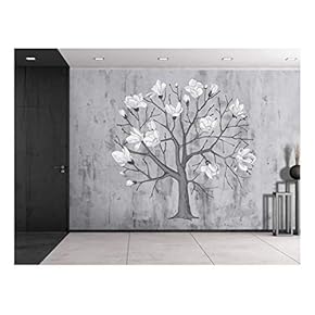 Floral Tree Sitting on a Grayscale Grungy Texture with a Vignette Effect Around It - Wall Mural, Removable Vinyl Wallpaper, Home Decor - 66x96 inches