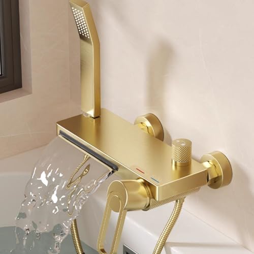 SWHC Bath Faucet with Shower, Waterfall Bath Mixer Tap Hot or Cold Shower Tap Wall Mounted Brushed Gold Bathroom Bath Tap Brass