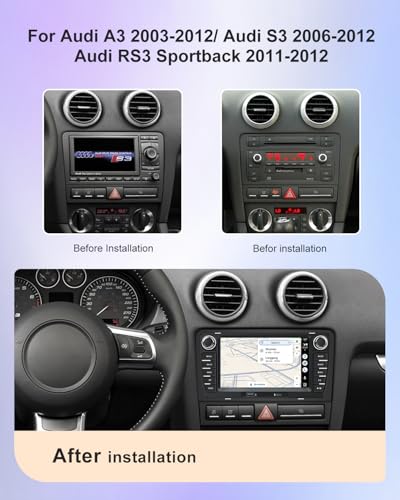 Car Radio for Audi A3 8P (2003-2012) S3 (2006-2012) RS3 (2011-2012) with CarPlay and Android Auto Wireless, Touchscreen 7 Inch with GPS, USB-C Bluetooth WiFi FM RDS DSP CANBus, HD Rear View Camera