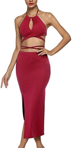 Yisqzjzj 2pcs Halter Backless Crop Tops Side Split Pencil Skirt RedMedium
