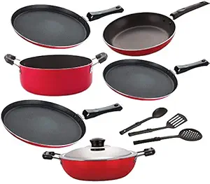Nirlon Kitchen Accessories for Cooking Non Stick Aluminium cookware Set, 9 Piece,Red [FT13_FT12_DKDM_FT10_Cass20_TP24_3SPN]