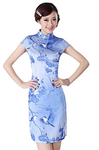 AvaCostume Women's Chinese Bird and Floral Print Split Side Qipao Dress