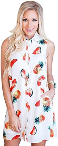 CZGBT Women's Lapel Neck Fruits Printed Sleeveless Summer Shift Casual Dress (L, White)