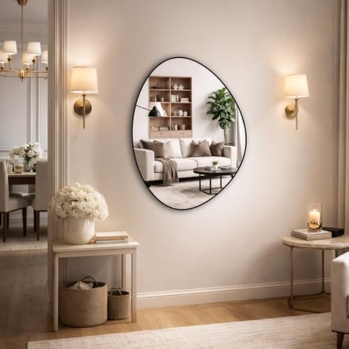 Espelho Decorativo Orgânico Adnet Suspenso com Suporte de Parede Costurado em Couro Ecológico para Banheiro Quarto Sala 60x40cm (Preto)