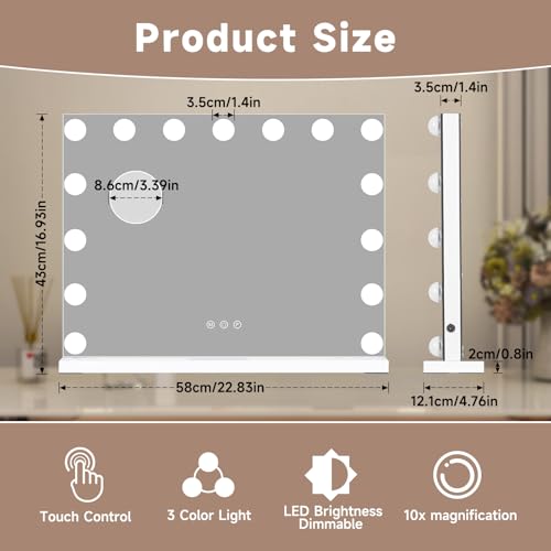 EDIMENS 58X46CM Hollywood LED Makeup Mirror with Touch Control - 15 Dimmable Lights, Adjustable Stand, Stable Base - Professional & Home Vanity Mirror for Precise Makeup (Ideal for UAE)