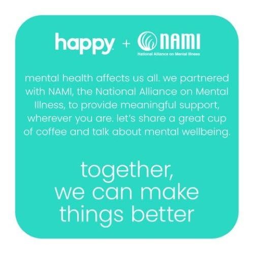 HAPPY COFFEE LIGHT ROAST GROUND COFFEE, 12 OZ., NOTES OF CASHEW & ELATION, RECYCLABLE CONTAINER, GROWN & HARVESTED IN COLOMBIA, BRAZIL & GUATEMALA