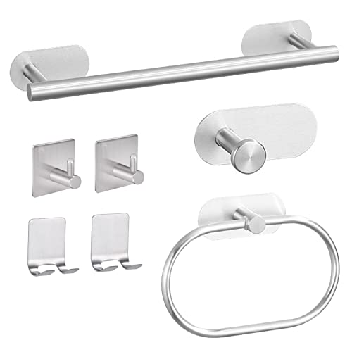 Linyoish 7-Pieces Keine Bohrbadzubehör Set Edelstahl-Handtuchstange, Robenhaken, Handtuchring, Kleberhaken, Rasiererhalter (Silber)