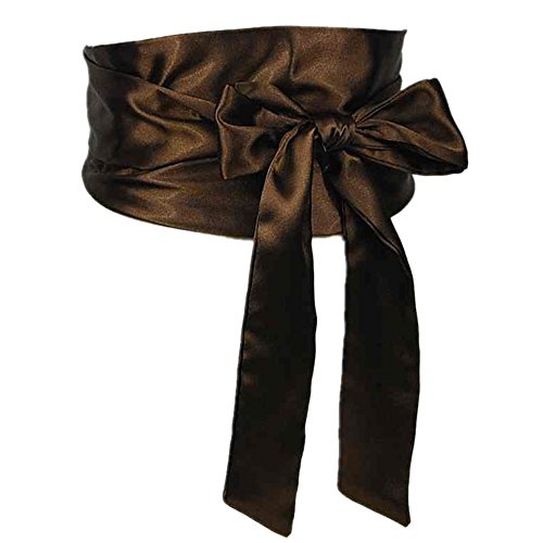 Women Satin Sash Wide Waist Belt Self Knot Tie Bow Belt Party Dress Wedding Belt (Brown)