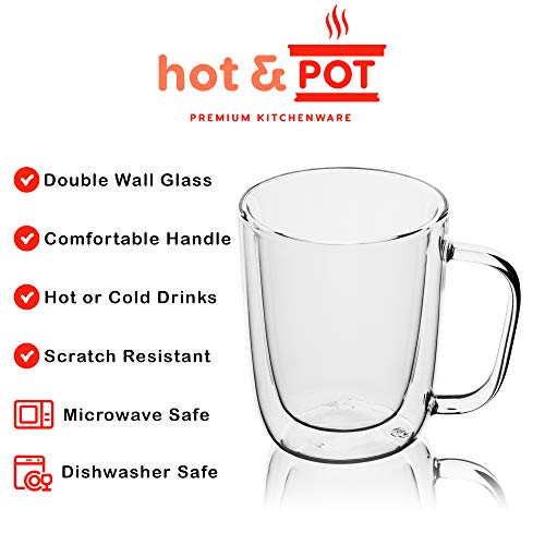 HOTPOT Double Walled Glass Coffee mugs set of 4 clear Coffee cups.12 oz