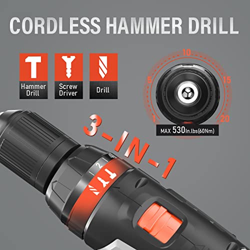 Cordless Drill, Maxlander 20V 1/2'' Drill Set with 2.0Ah Battery and Charger, Power Drill Cordless for Concrete Wall, Wood, Metal - Variable Speed