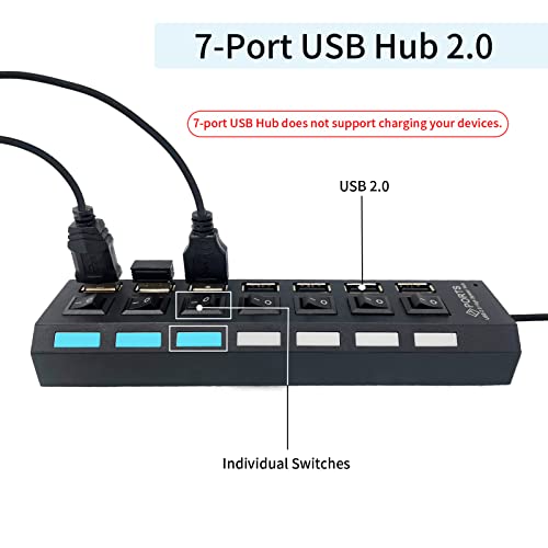 7Port USB Hub 2.0, USB Hub USB Splitter with Individual Switches for