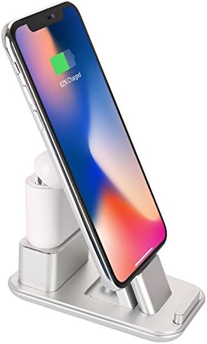 Charging Dock Charger Stand Compatible with iPhone&AirPods WNJW 3 in1 Aluminum Charging Stand Station(CASE Compatible) Compatible with Airpods/iPhoneX/Xs/Xs Max/8/8Plus/7/7Plus/6/6s/6sPlus(Silver)