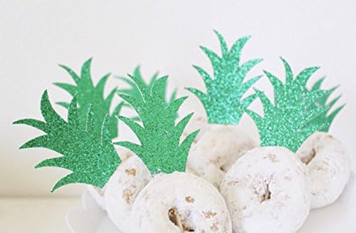 Green Glitter Pineapple Mini Cupcake Toppers for Luau Aloha Party. Set of 12 toppers.