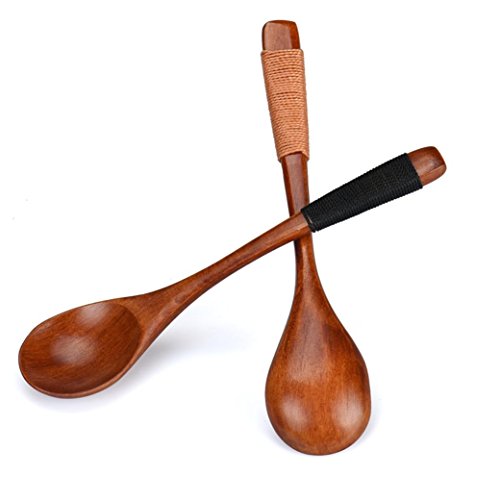 image for Qisc Natural Wooden Spoon, Japanese Style Wire Wrapped Handle Tea Spoo