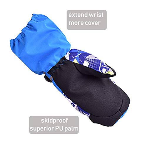 HUO ZAO Boys Cold Weather Waterproof Snow Mitten Winter Warm Gloves for Snowboard Skiing (Blue) M