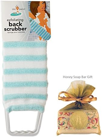 Exfoliating Back Scrubber Nylon Beauty Skin Bath Cloth Towel with Handles Light Blue with HONEY Soap Bar for Women and Men