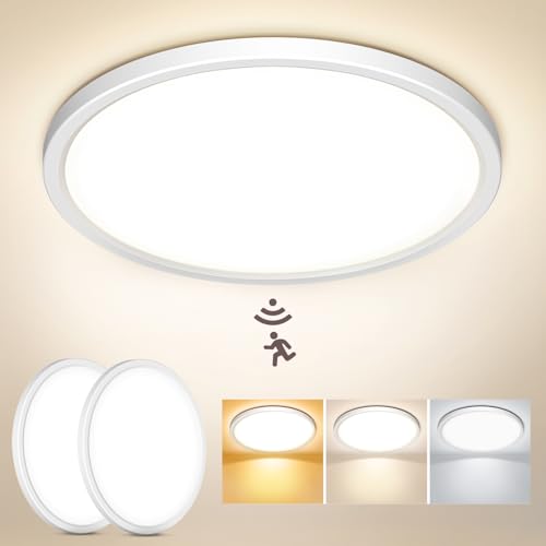 NIBSHOOM LED Ceiling Light with Motion Sensor, 2PCS 3000K/4000K/6500K 18W Waterproof IP44 Round Ceiling Lamp, Equipped with Radar Detector, Suitable for Hallway, Stairs and Garage, 22 cm