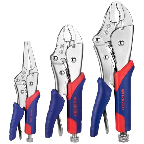 WORKPRO 3 Piece Set of Locking Pliers Pressure Pliers Cr-V Steel, Curved Jaw 18 cm and 25 cm, Straight Jaw 16.5 cm