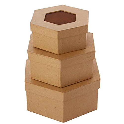 Package of 3 Hexagon Shaped Paper Mache Boxes with Rusty Tin Center Lids for Crafting, Storing and Creating