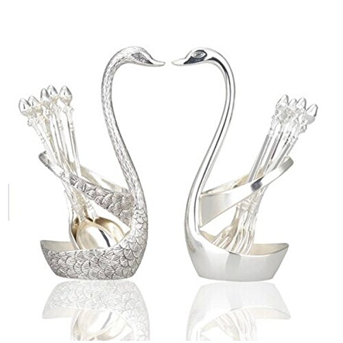 HQdeal Luxury Swan Forks and Spoons Set Serving Spoons Forks 14 pcs Stainless Steel- Silver