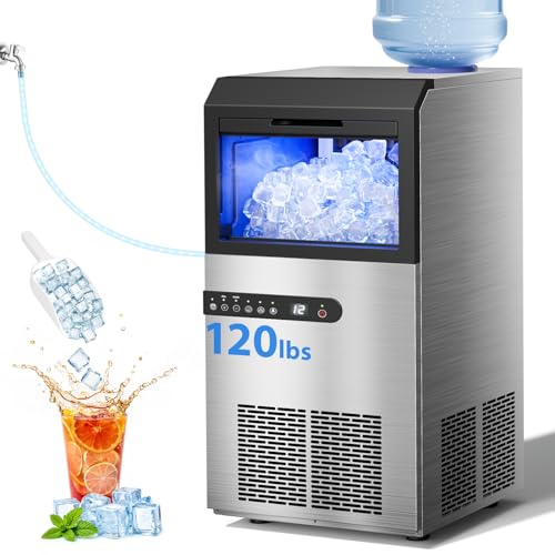 Commercial Ice Maker Machine, 120lbs/24H Stainless Steel Under Counter ice Machine with 45 Ice Cubes/Cycle, 2 Water Inlet Modes, Self Clean, 24H Timer, Large Industrial Ice Maker for Bar, Coffee Shop