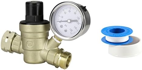 Adjustable Water Pressure Regulator - Comes with Gauge, Inlet Screen Filter and Plumber's Tape - Lead-Free Brass Adjustable Water Pressure Reducer for RV and water spiqots