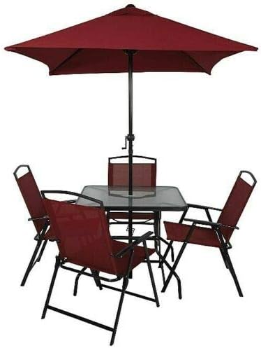 6 Piece Garden Patio Set Furniture Outdoor Table Chairs Dining Chair Set Black Seat with Glass Topped Table + Parasol Umbrella for Decking or Balcony (Red)