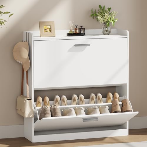 Shoe Cabinet Organizer with 2 Flip Drawers,Narrow Shoe Rack 31.5" W White