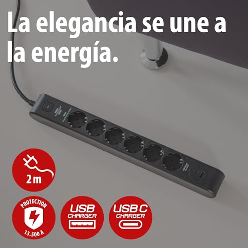 Brennenstuhl 6-Outlet Power Strip with USB and Surge Protection (Power Strip with 1x USB C PD 20W for Fast Charging and 1x USB A 20W, Switch, 2m Cord) Black