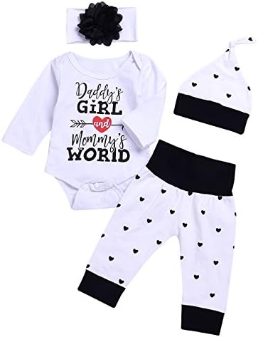4PCs Baby Letter Print Heart Pattern Long Sleeves Romper Pant Outfit Set (White, 0-3M(Tag70))