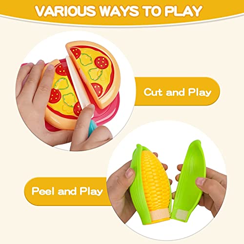 46 PCS Cutting Play Food Toy for Kids Kitchen, Pretend Fruit &Vegetables Accessories with Shopping Storage Basket, Plastic Mini Dishes and Knife, Educational Toy for Toddler Children Birthday Gift