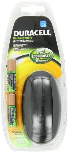 Duracell Rechargeable Mini Color Charger with 2 AA Staycharged Batteries (Charger Color May Very)