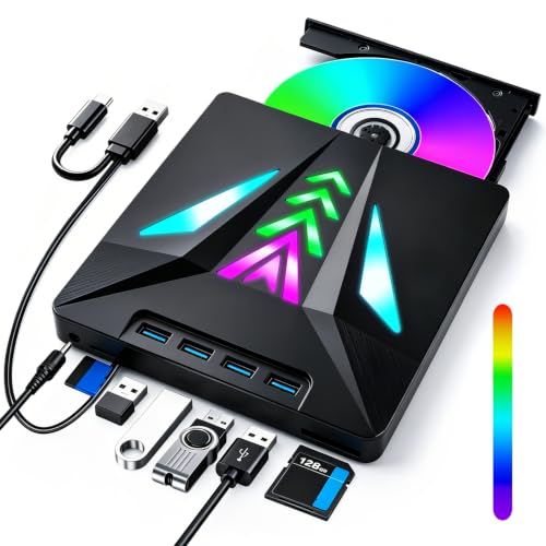 External DVD CD Player for PC, External DVD Burner USB 3.0 -/+RW/ROM Drive with 4 USB Ports Portable 5Gbps Speed for Laptop, Desktop, Windows 11/10/8/7/XP/Vista, Linux, MacOS