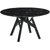 Armen Living Venus 54" Round Mid-Century Modern Black Marble Dining Table Wood Legs