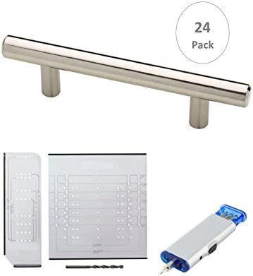 Liberty Stainless Steel Bar Pull Handle With Satin Nickel Finish - Euro Style bar pulls for cabinets - 3" Hole Centers, 5-3/8" Overall Length - 24 Pack + Alignright Template Kit + Mini Screwdriver LED