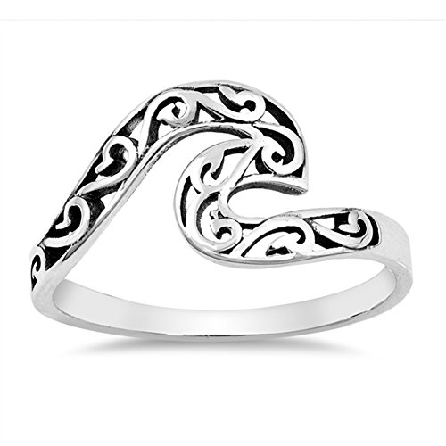 Oxidized Filigree Swirl Wave Ring .925 Sterling Silver Victorian Band Size 7