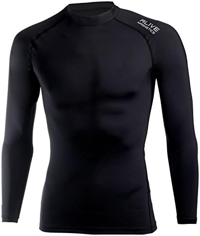 Alive Magnetics Men's Cool Quick Dry Short Long Sleeve Mock Sports Under Base Layer Compression Top Shirt Performance Wear - Rich Black Long Sleeve (Size X-Large)