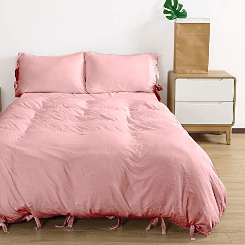 Duvet Cover Queen, 100% Washed Cotton, Linen Like Soft Breathable Durable Bedding Duvet Cover Set, 3-Pieces, Ultra Soft and Easy Care, Simple Style Home Bedding Set 2019 New(3-Piece, Queen, Pink)