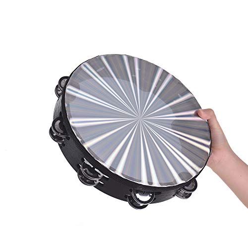 Muslady 8 inch /10 inch Wooden Radiant Tambourine Handbell Hand Drum with Double Row Jingles Reflective Drum Head Percussion Instrument Musical Toy