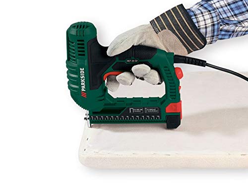 Parkside Electric Tacker, Modern Style, Green, 15-25mm Staples & 15, 20, 25, 32mm Nails, 500 Fasteners, Automatic Operation, Plastic Material