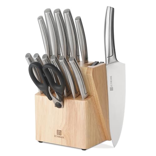 ZUNMARK Kitchen Knife Set, Professional 13 Piece Knife Set with Block and Sharpener, Sharp Chef Knife Set, Ideal for Home and Restaurants, Silver