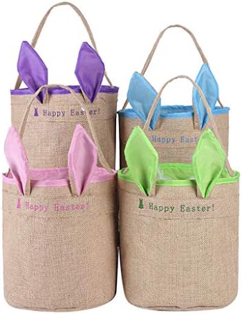 FeiBeauty Happy Easter Bunny Bags Bunny Ears Bags Burlap Gifts Eggs Candies Bag for Kids Easter Party Supplies (Green, Pink, Purple, Blue)