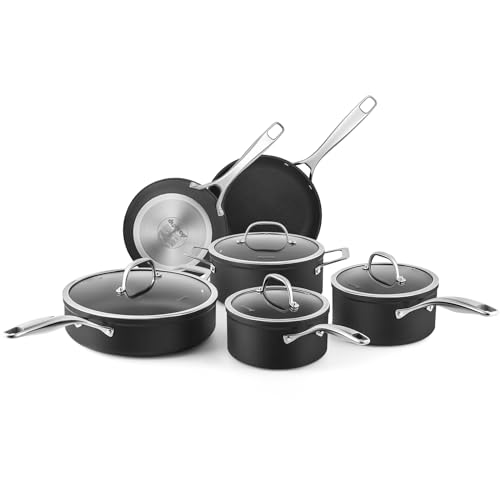 Duxtop Hard-Anodized Nonstick Cookware Set 10 PCS Anti-Scratch Pots and Pans Set, Aluminum Kitchen Induction Cookware PFAS-Free, Oven Safe to 500 °F, Dishwasher Safe, Black