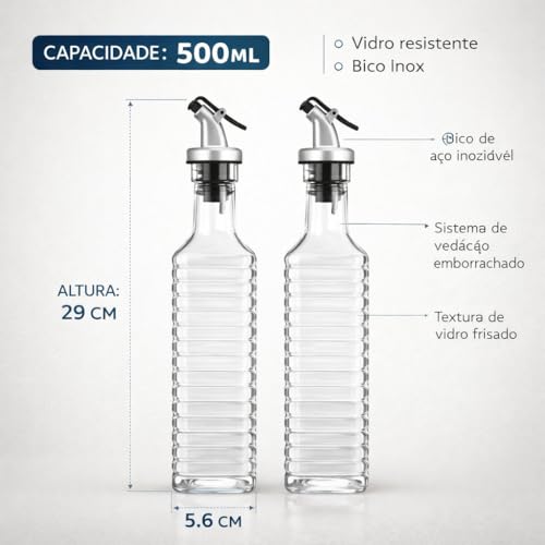 Galheteiro de Vidro 2 Peças 500ml com Bico Dosador e Tampa Inox – Ideal para Azeite, Óleo e Vinagre | Kit Elegante e Funcional para Cozinha