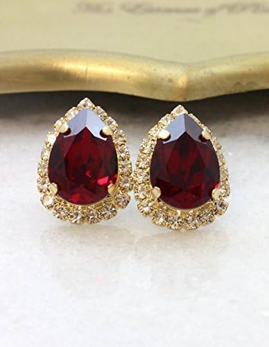 Bridal Red Ruby and Gold Drop Stud Earrings, Swarovski Crystal Bridesmaids Gifts, Handmade Wedding Jewelry