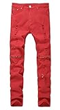 Men's Red Ripped Skinny Distressed Destroyed Straight Fit Jeans Pants with Holes