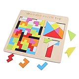 GEMEM 3 in 1 Wooden Tetris Puzzle Brain Teasers Toy Tangram Jigsaw Intelligence Colorful Wood 3D Russian Blocks Game Montessori Toys for Children and Adults